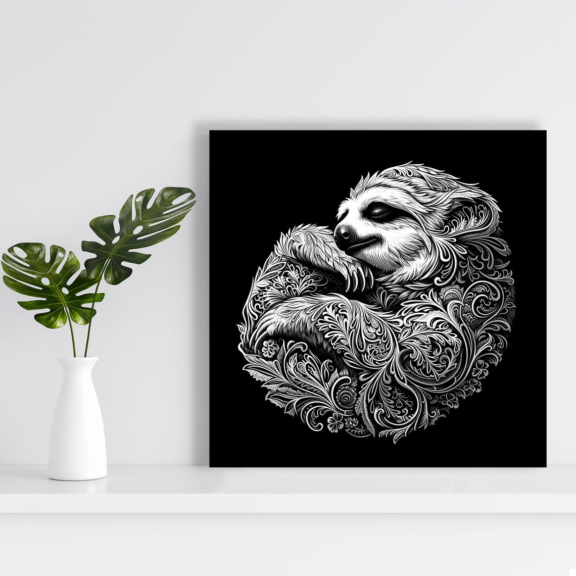 Ornate Sloth Black and White Filigree Intricate Sleepy Animal Poster - Image 2