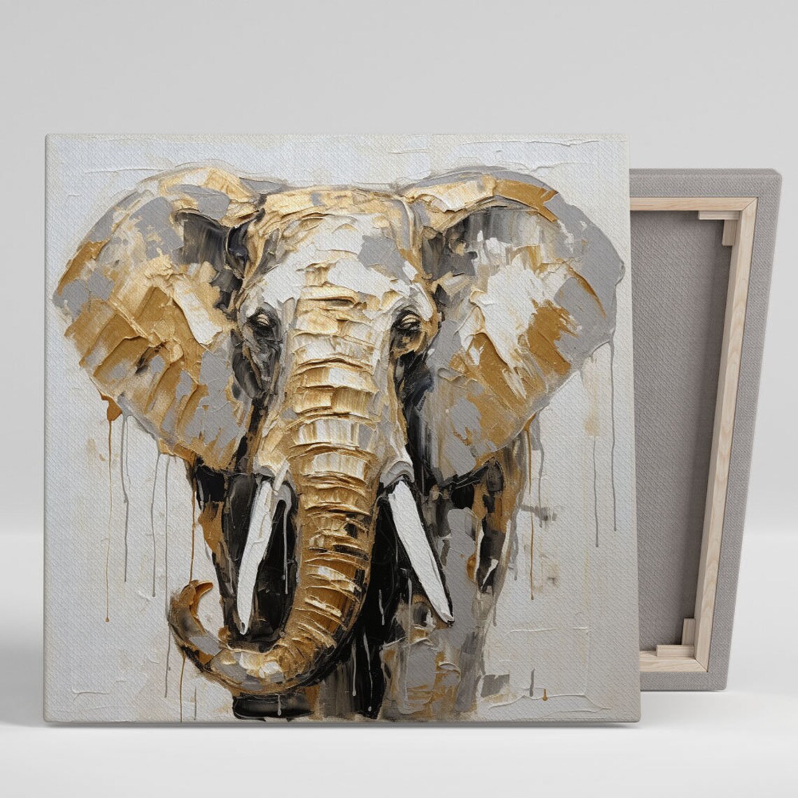 Elephant Portrait White And Gold Elegant Wildlife Impasto Canvas Poster