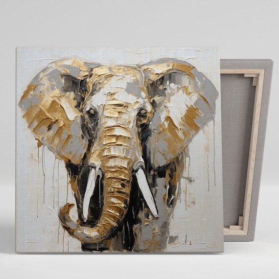 Elephant Portrait White And Gold Elegant Wildlife Impasto Canvas Poster