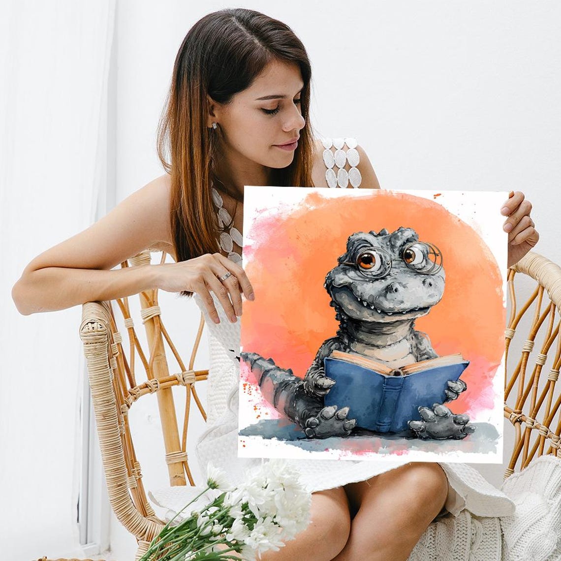 Baby Crocodile With Glasses Reading A Book Watercolor Art Poster - Image 3