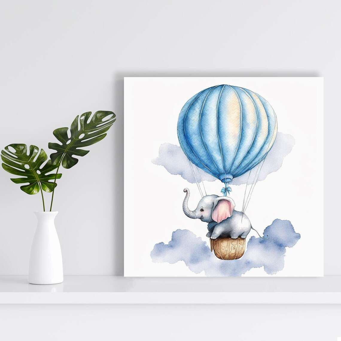 Baby Elephant Hot Air Balloon Blue Watercolor Clouds Nursery Wall Poster - Image 2