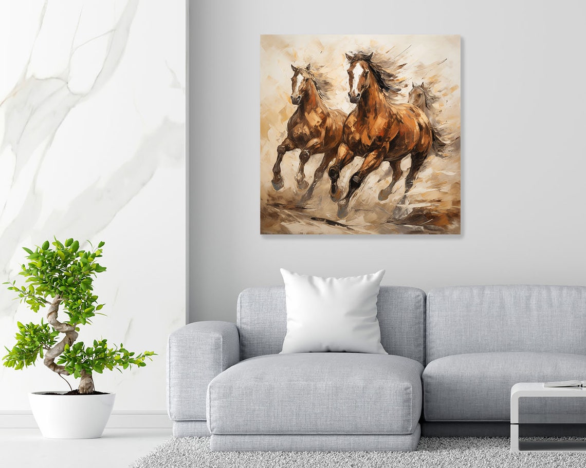 Three Running Wild Horses Herd Warm Watercolor Western Canvas Poster - Image 3