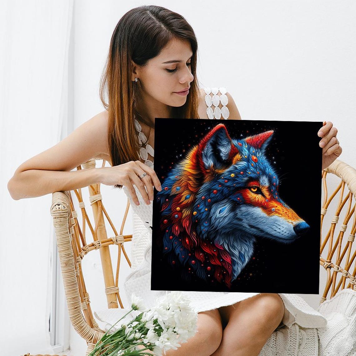 Cosmic Wolf Dreamscape Starry Red Blue Fur Night Sky Art Poster - Image 3