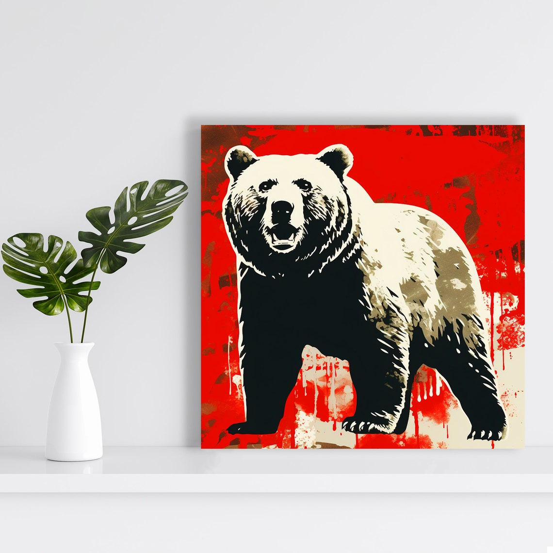 Bear Standing Bold Red Street Art Graphic Black White Poster - Image 2
