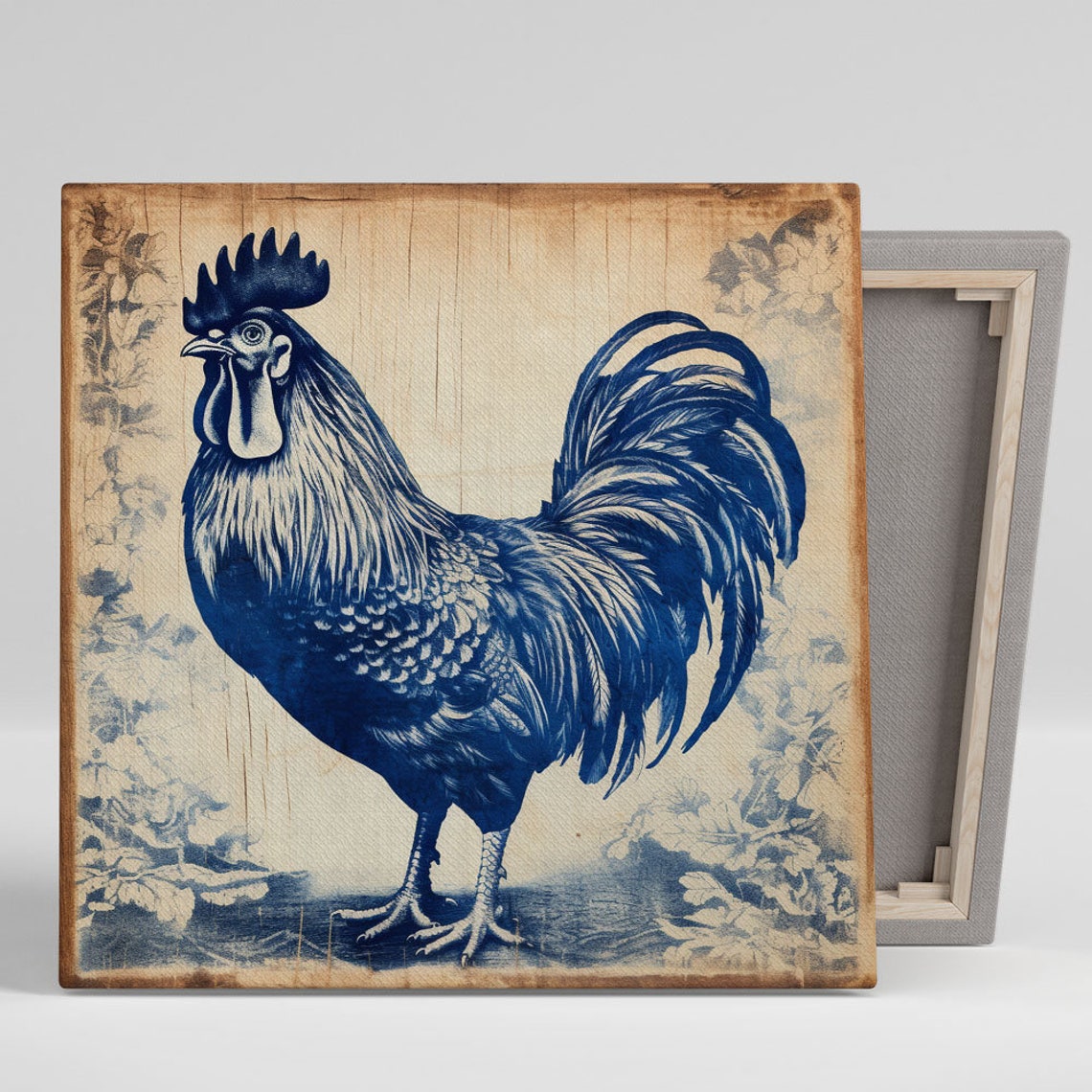Navy Blue Rooster Vintage Aged Paper Rustic Farmhouse Wall Poster