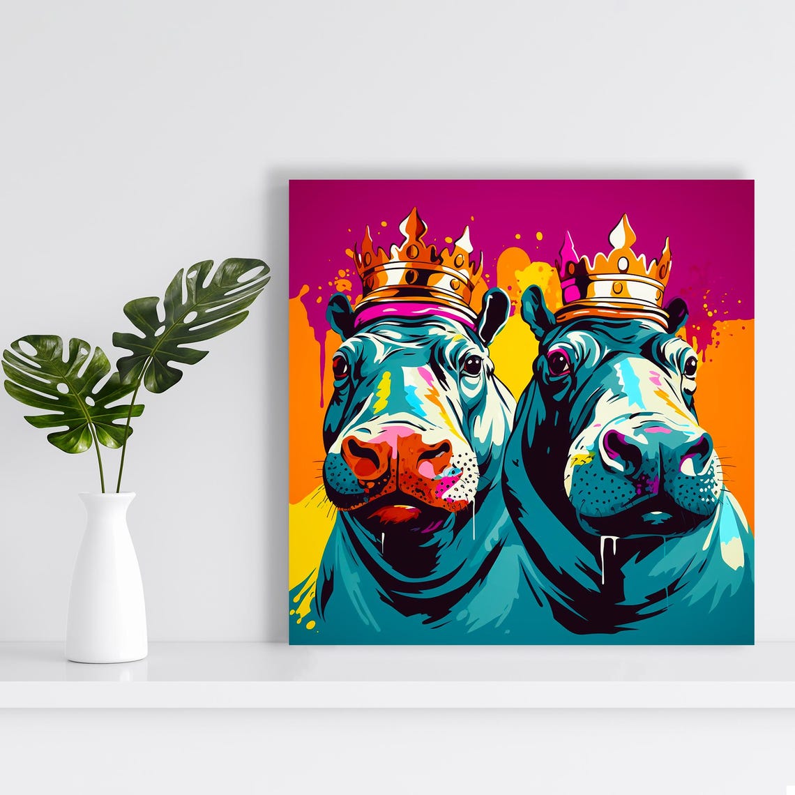 Two Crowned Hippos Pop Art Royal Gold Crowns Bold Colorful Wall Poster - Image 2