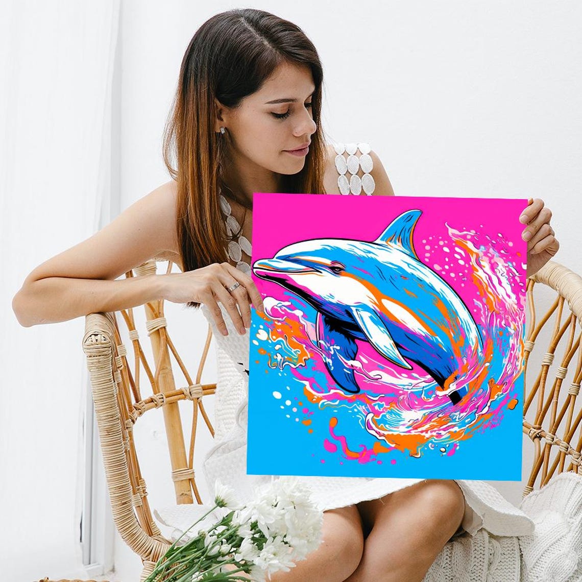 Vibrant Dolphin Pop Art Splash Pink Blue Neon Ocean Animal Poster - Image 3