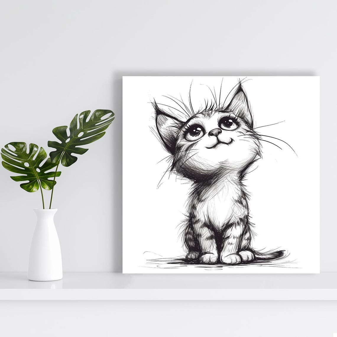 Cute Kitten Pencil Sketch Black Ink Minimalist Drawing Wall Poster - Image 2