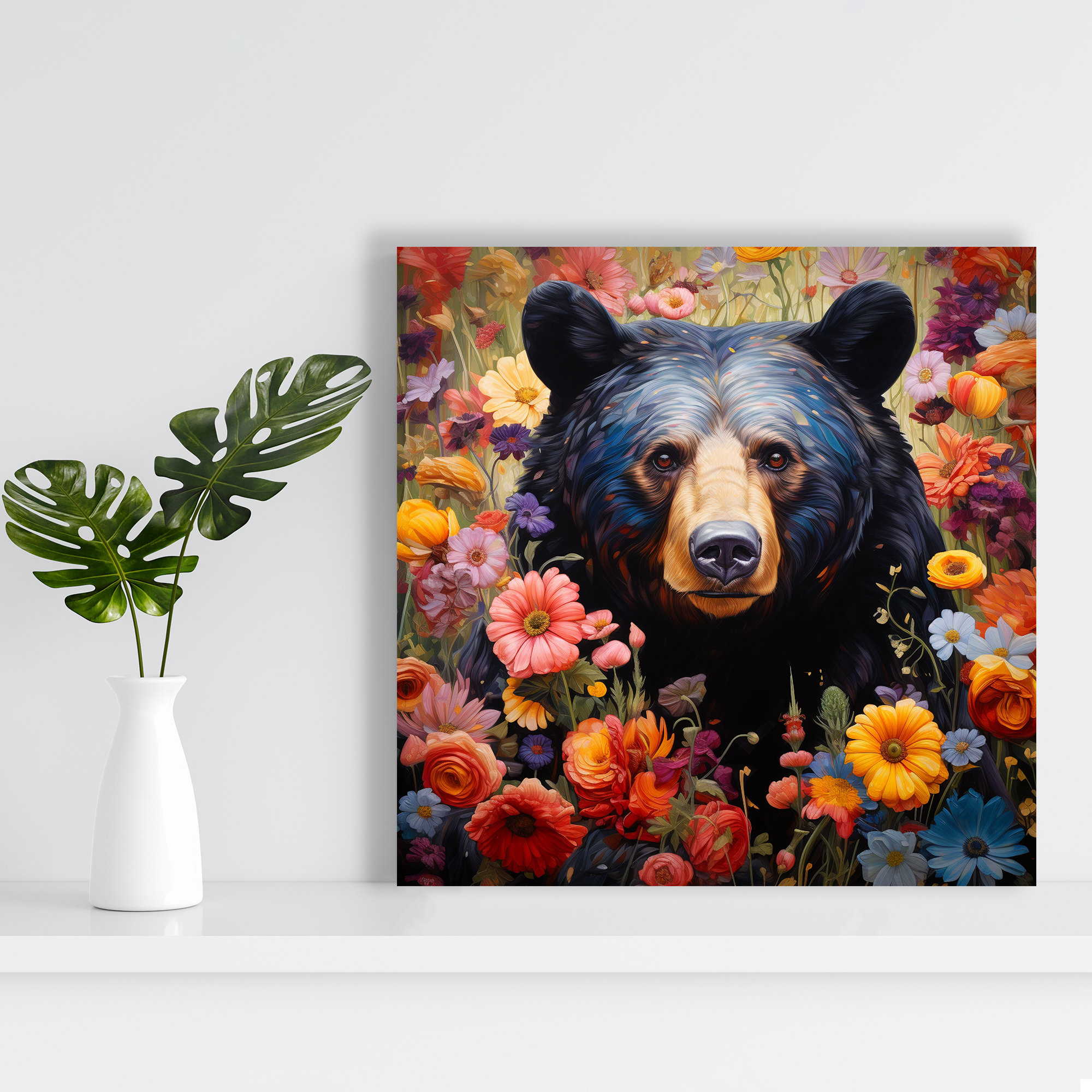 Black Bear Among Colorful Wildflowers Blooming Garden Nature Art Poster - Image 2