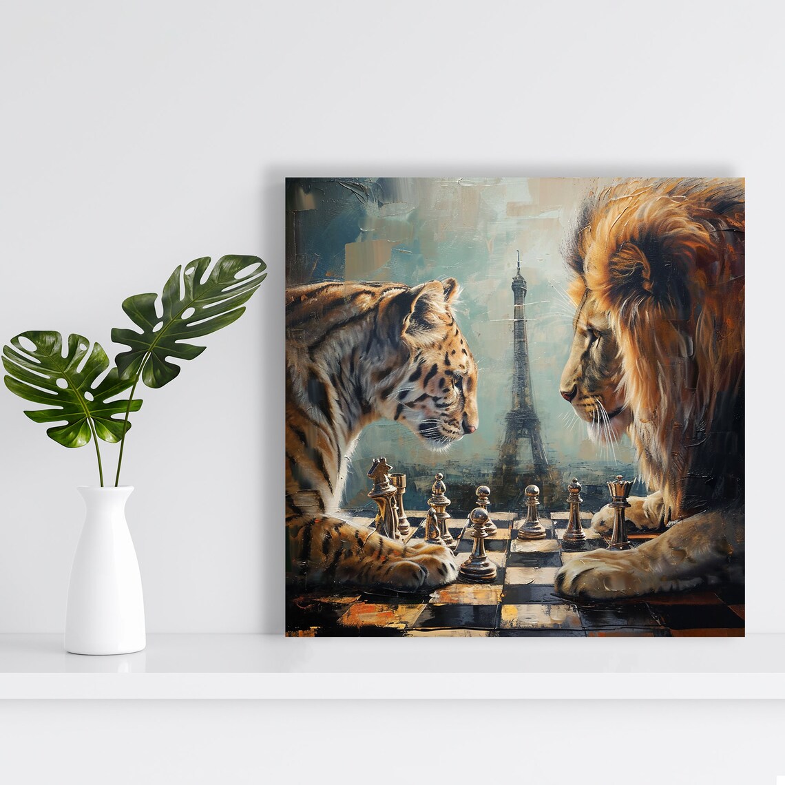 Lion And Leopard Chess Royalty Surrealism Art Print - Image 2