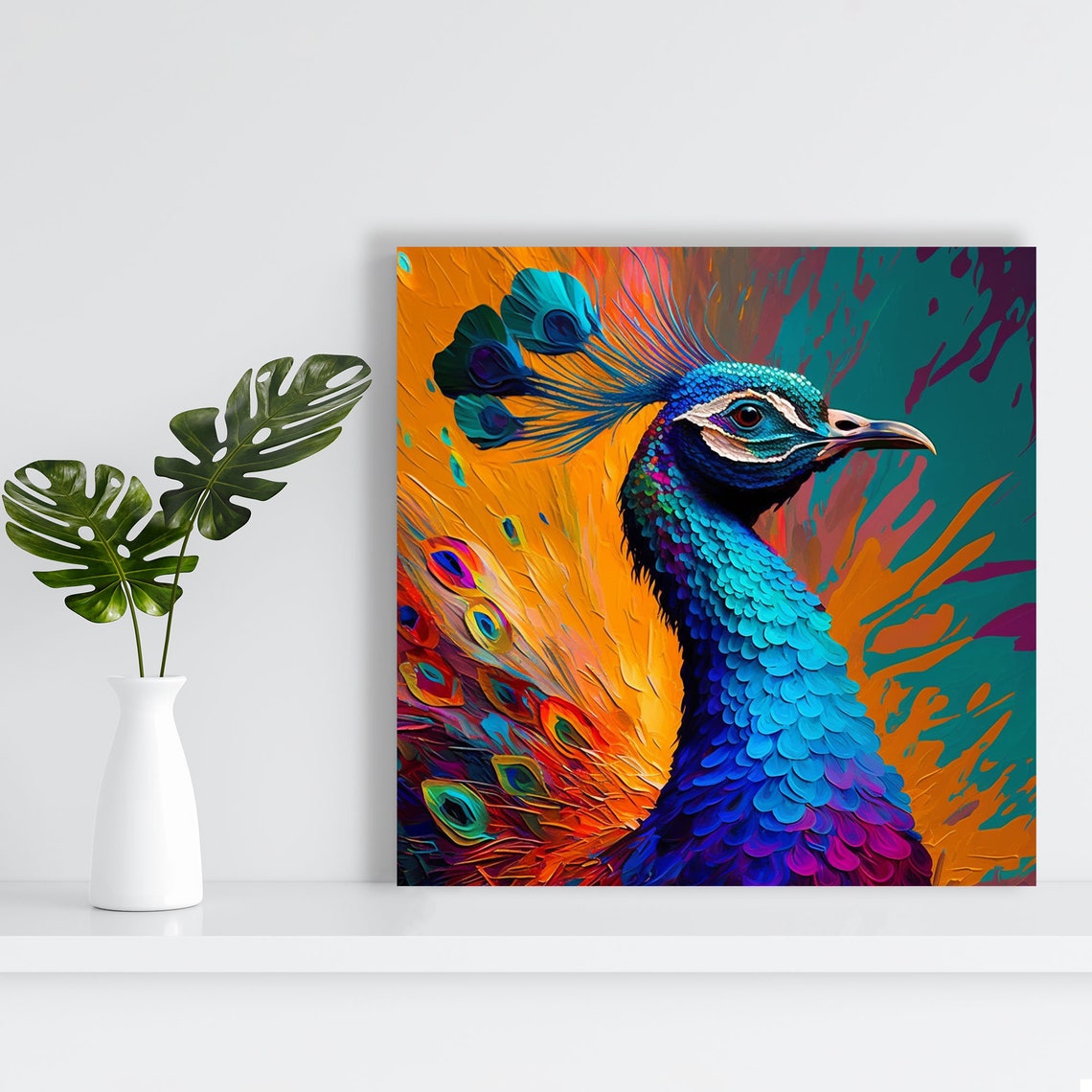 Rainbow Peacock Portrait Orange Teal Background Bold Bird Art Poster - Image 2