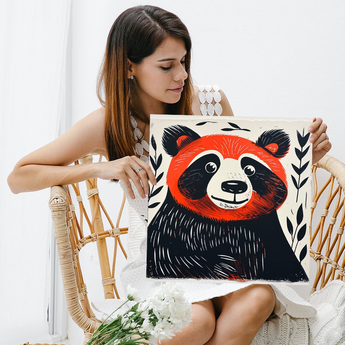Smiling Red Panda Minimalist Linocut Black Orange Wall Poster - Image 3