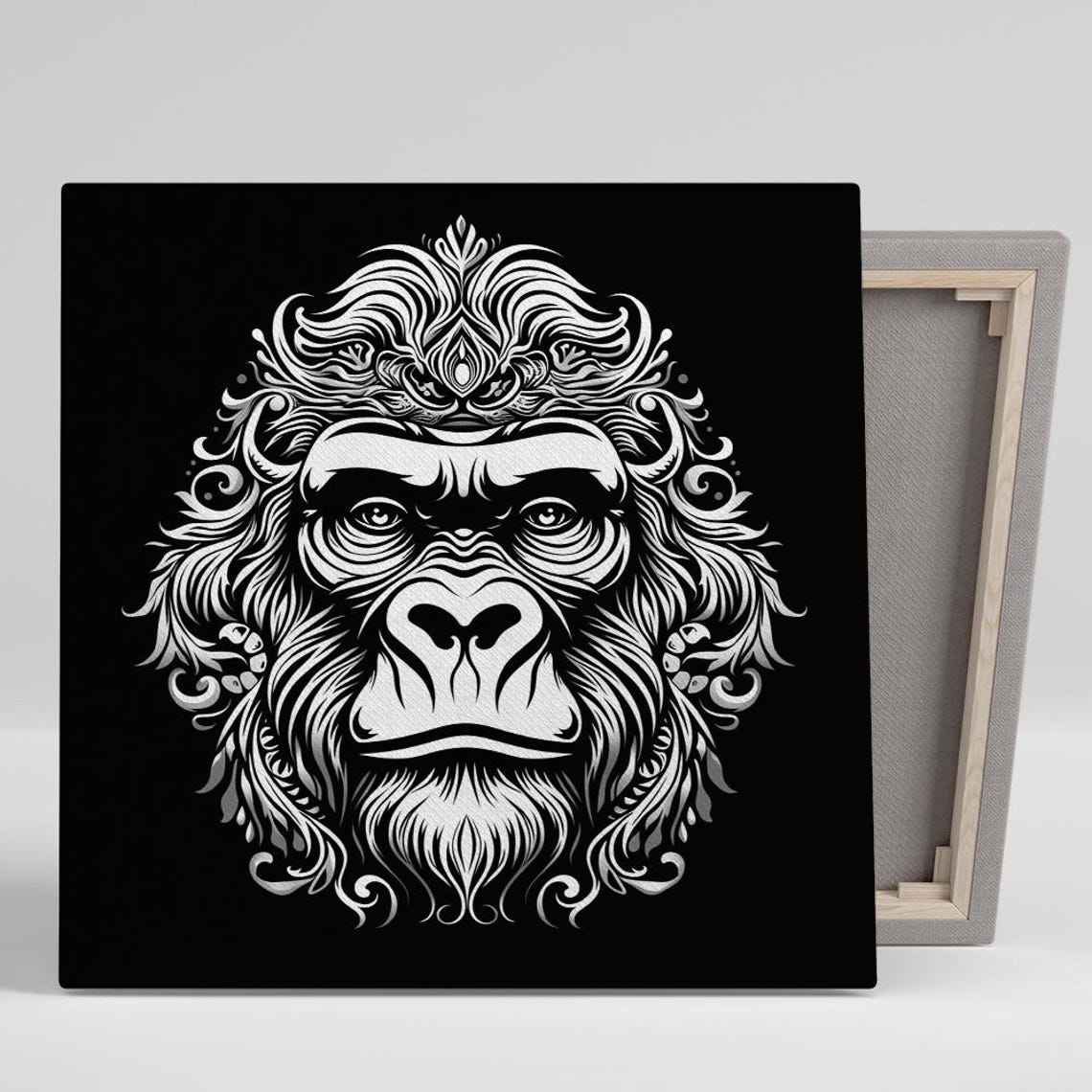 Ornate Gorilla Mandala Line Art White On Black Tribal Primate Poster
