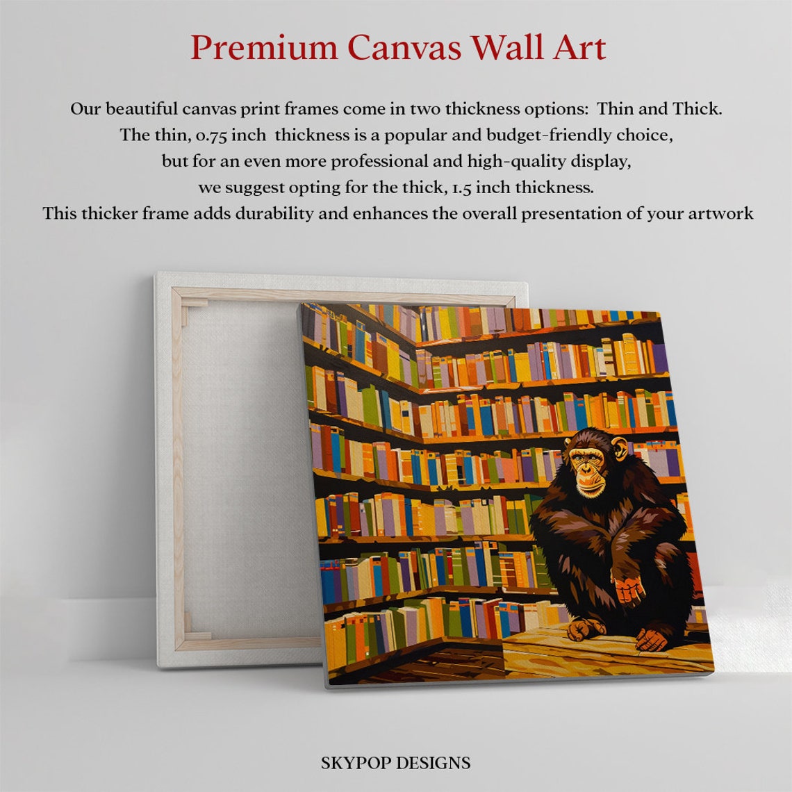 Chimpanzee in Library Among Colorful Books Whimsical Art Poster - Image 3