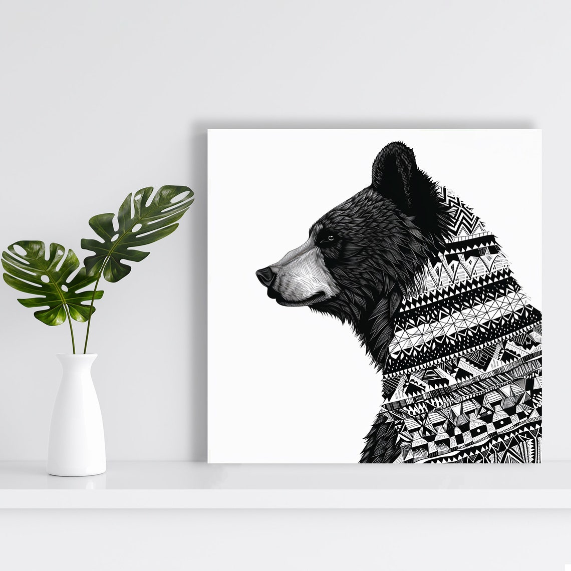 Geometric Bear Profile Poster Black White Tribal Line Art Decor - Image 2