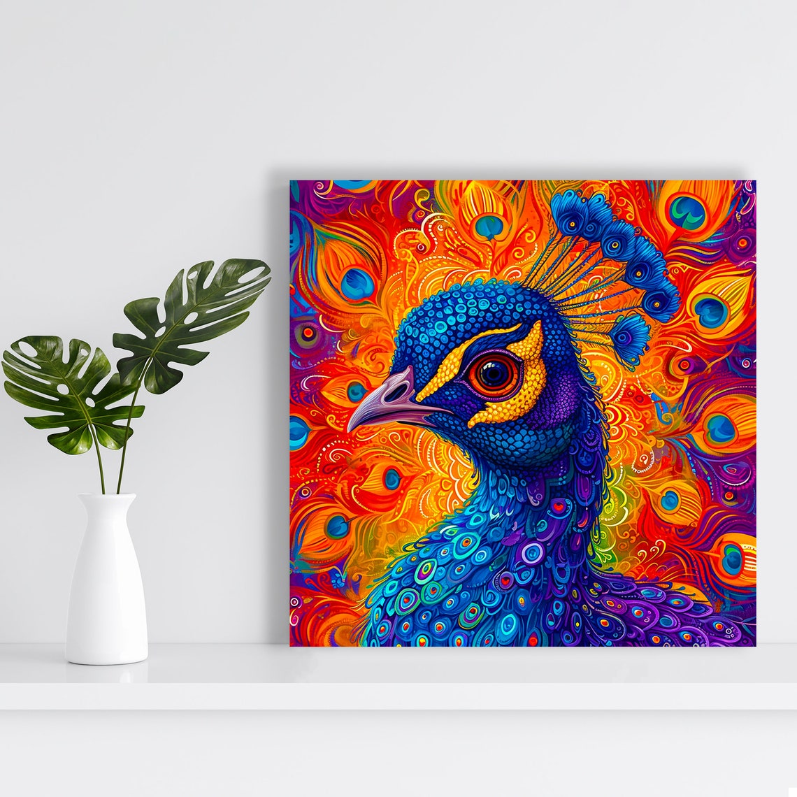 Psychedelic Peacock Portrait in Fiery Orange Red and Blue Poster - Image 2