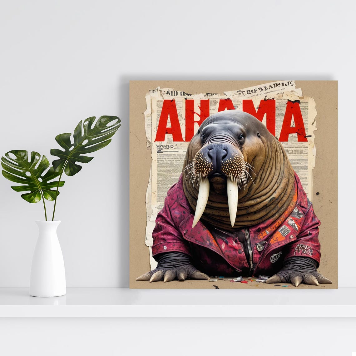 Rebel Walrus In Leather Jacket Vintage Newspaper Punk Rock Art Poster - Image 2