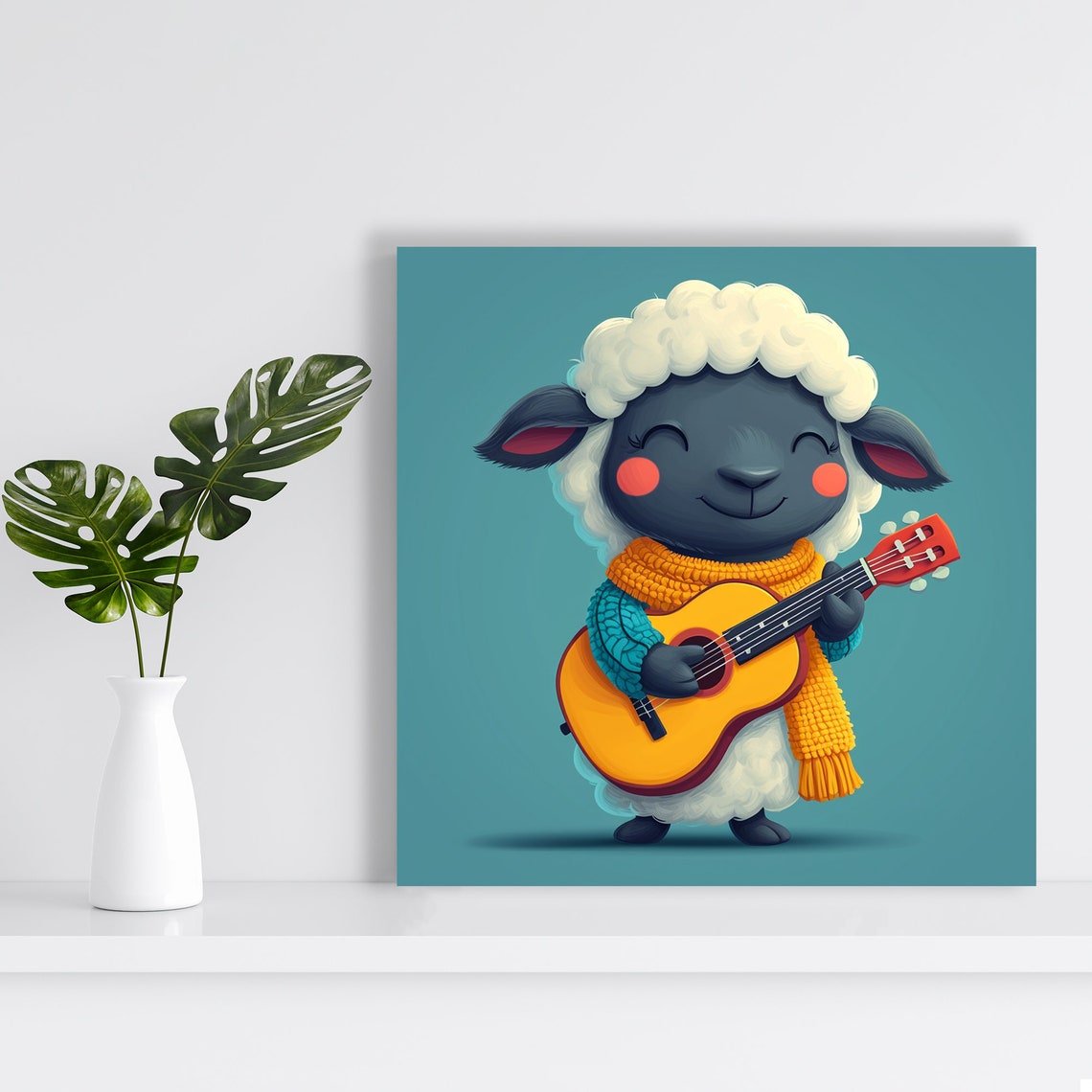 Cute Sheep Playing Guitar Happy Cartoon Music Whimsical Kids Poster - Image 2