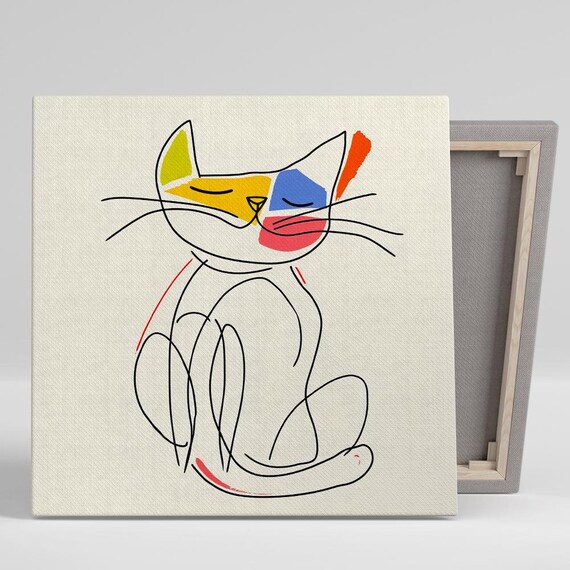 Minimalist Cat Line Drawing Colorful Abstract Modern Scandinavian Wall Art Print