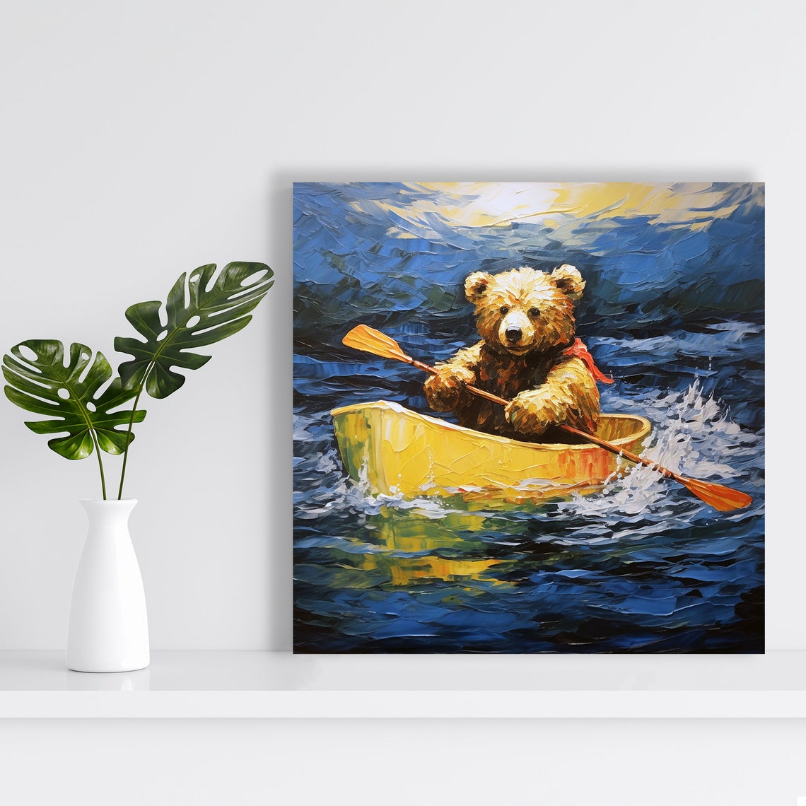 Adventurous Bear Paddling Yellow Canoe Blue River Oil Painting Poster - Image 2