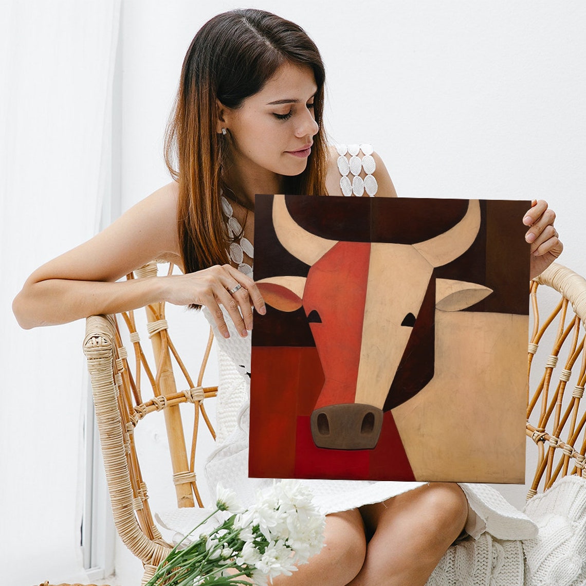 Geometric Cow Head Abstract Minimalist Red Brown Modern Wall Poster - Image 3