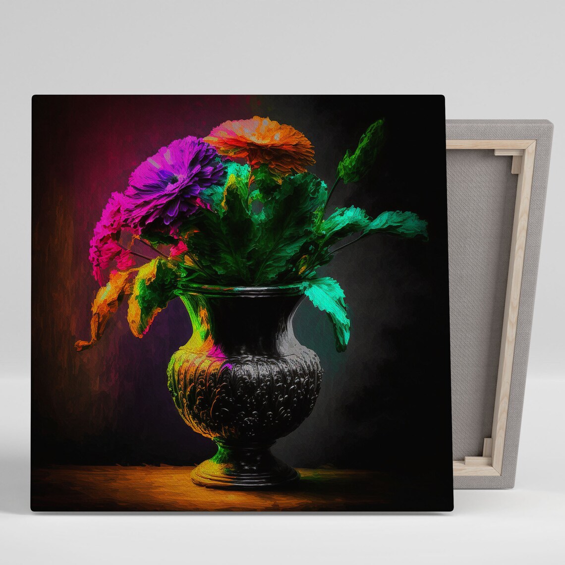 Purple Orange Flower Bouquet In Dark Urn Vase Dramatic Art Poster