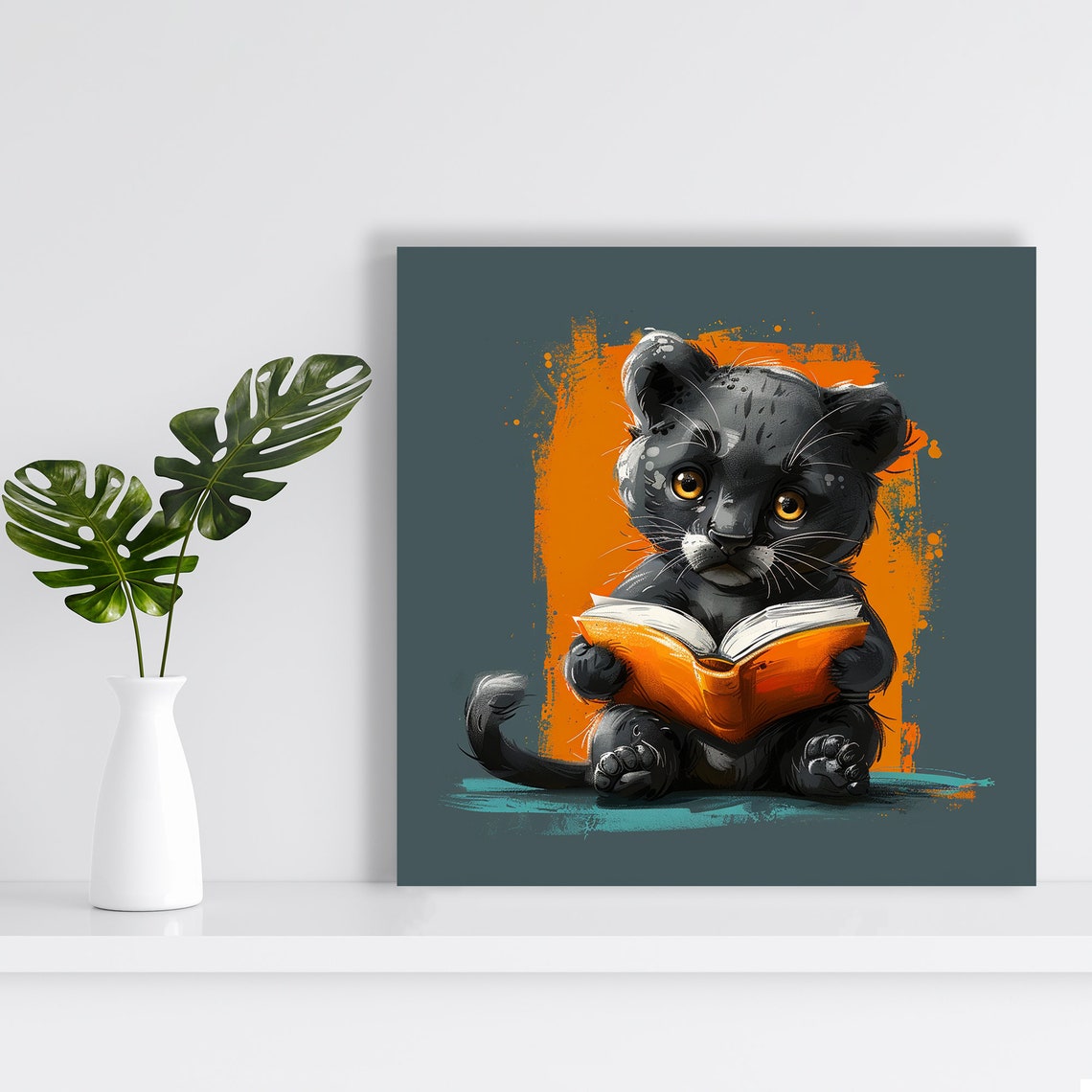 Black Panther Cub Reading Book Cute Nursery Teal Orange Poster - Image 2