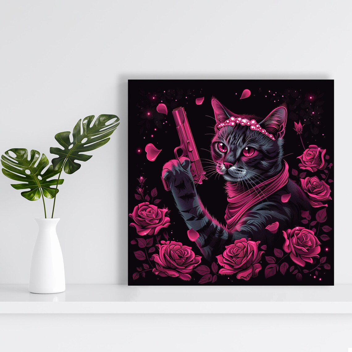 Gothic Black Cat Pop Art Pink Roses Glam Femme Fatale Animal Poster - Image 2