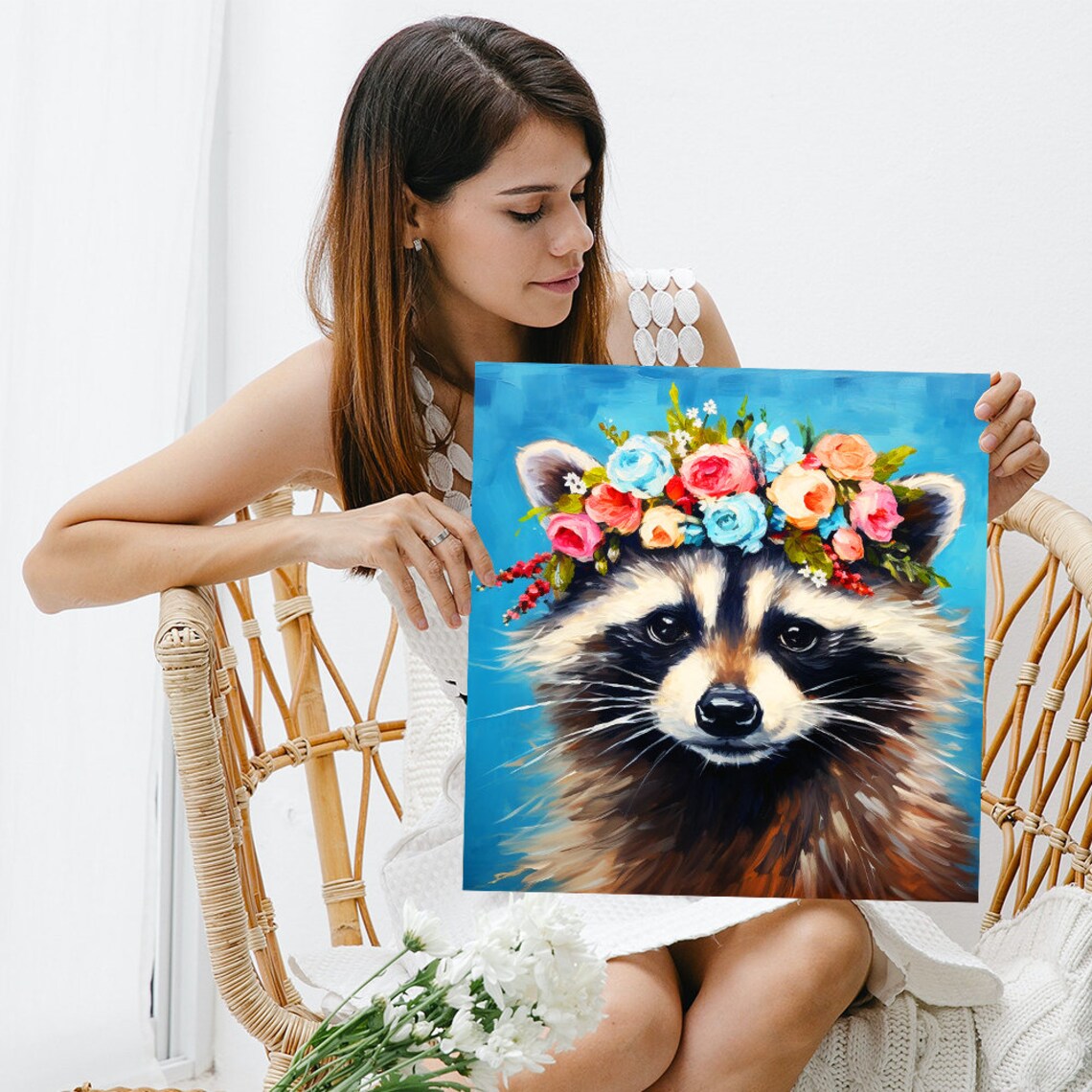 Raccoon Floral Crown Poster Bright Blue Painterly Bohemian Animal Wall Art - Image 3
