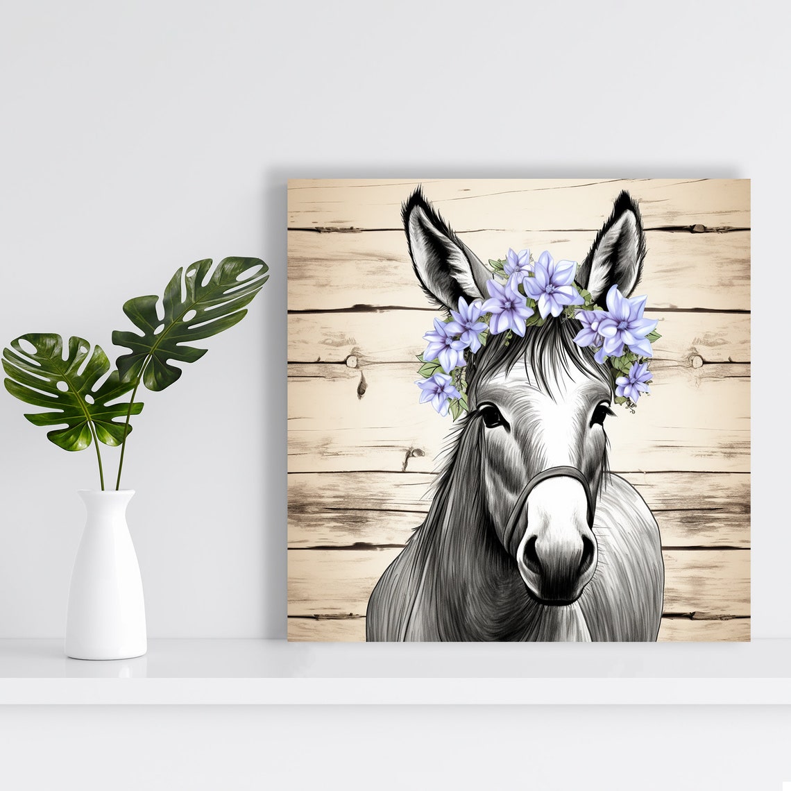 Donkey Portrait Purple Flower Crown Rustic Wood Plank Art Poster - Image 2