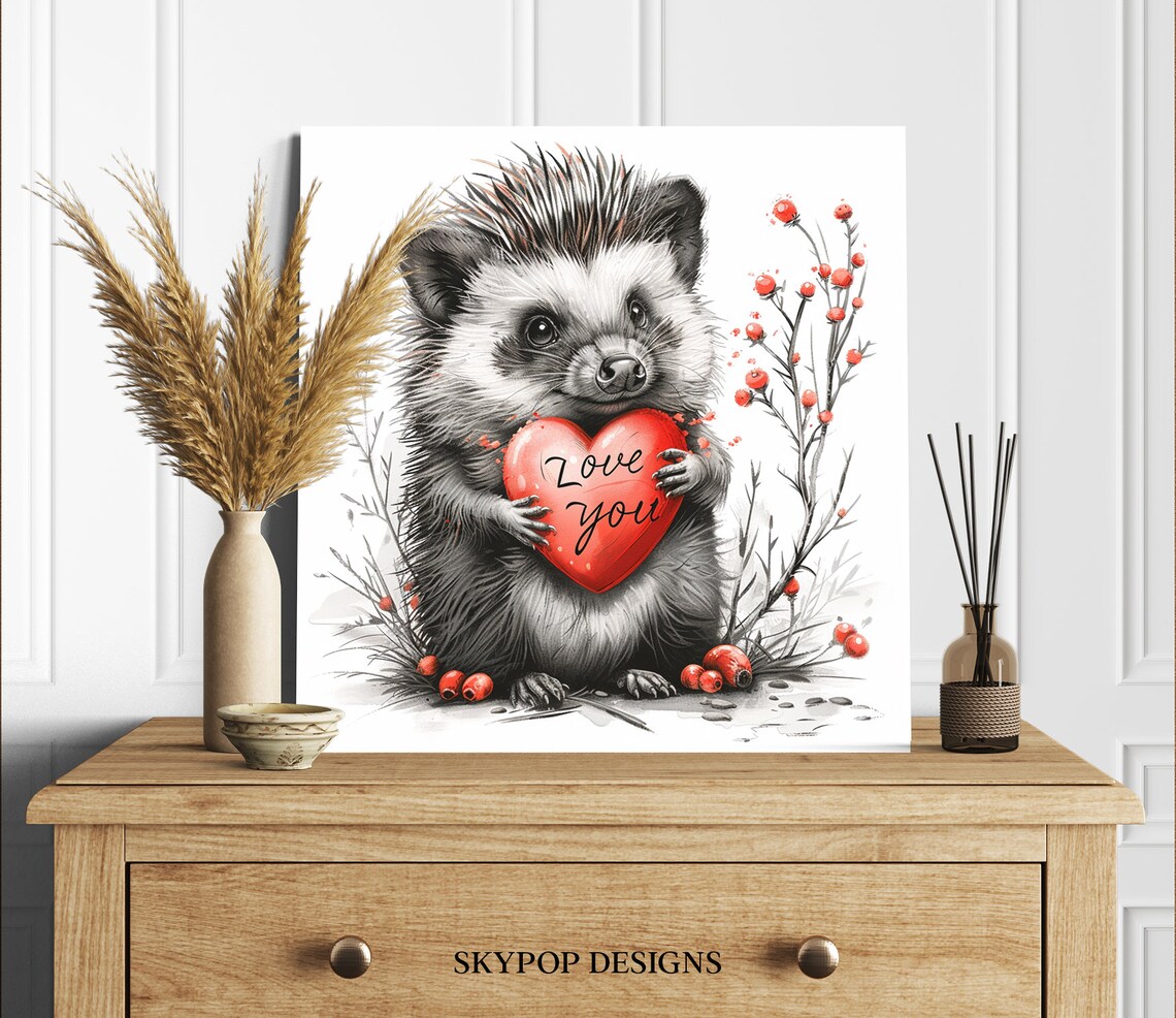 Hedgehog Holding Red Heart Love You Romantic Animal Wall Art Poster - Image 2