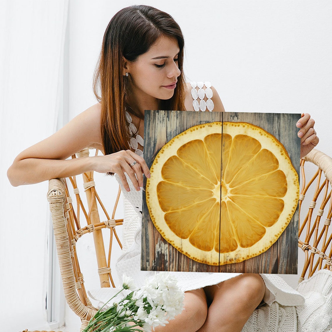 Giant Citrus Slice Weathered Blue Wood Rustic Kitchen Art Poster - Image 3