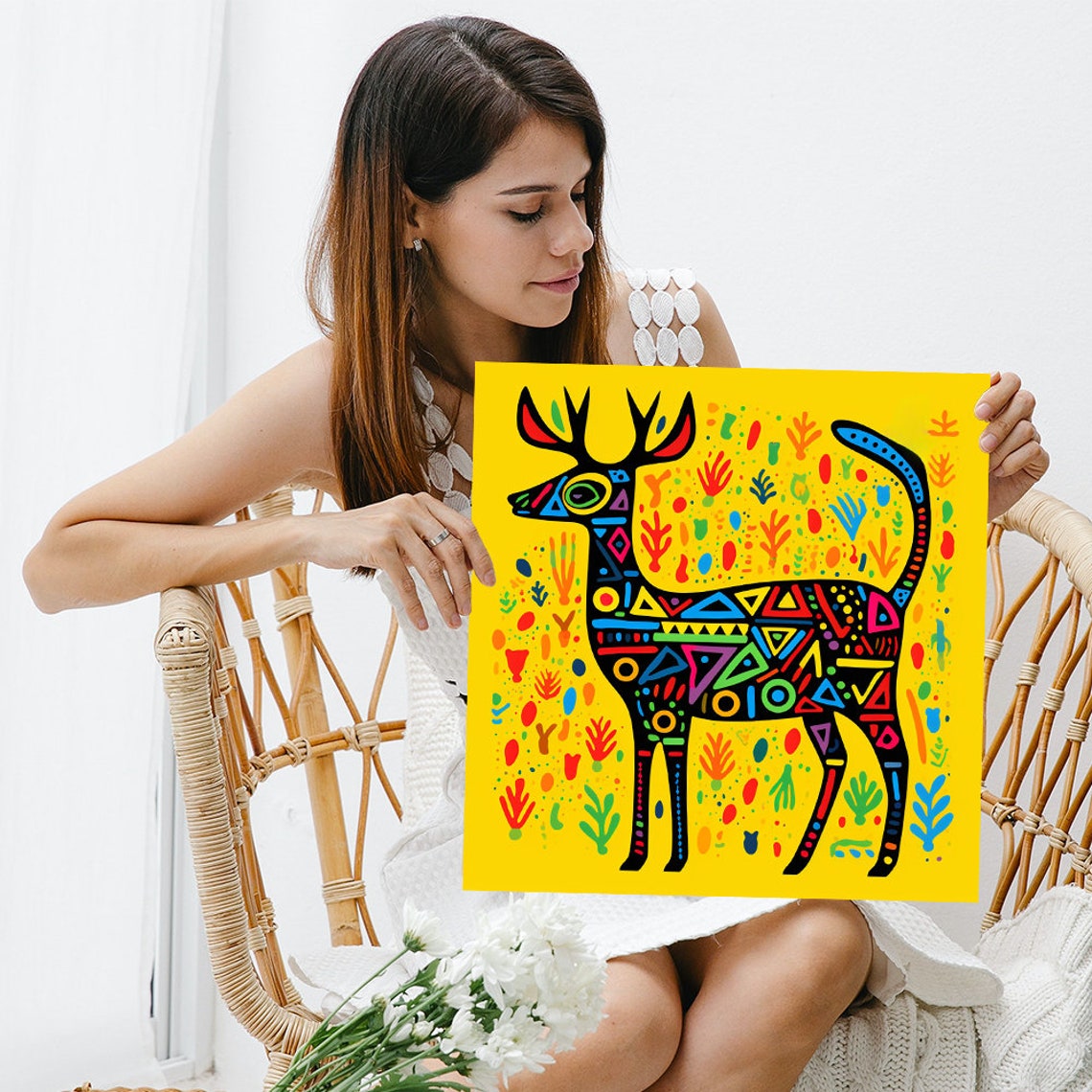 Tribal Deer Silhouette Poster Bohemian Pattern Yellow Folk Decor - Image 3
