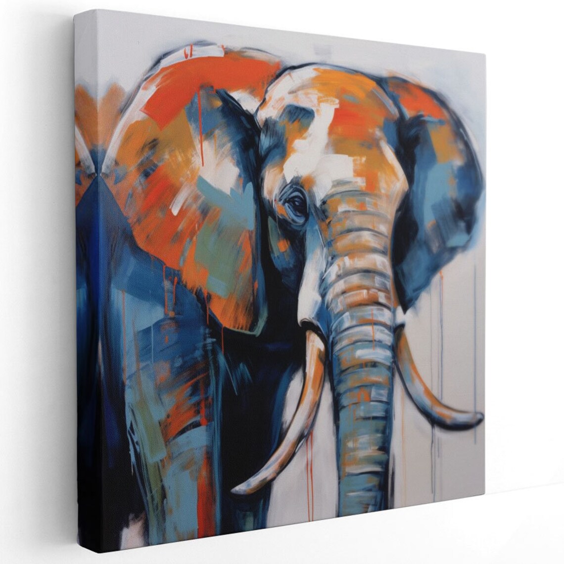 Elephant Head Orange Blue Abstract Brushstroke Modern Animal Wall Poster - Image 2