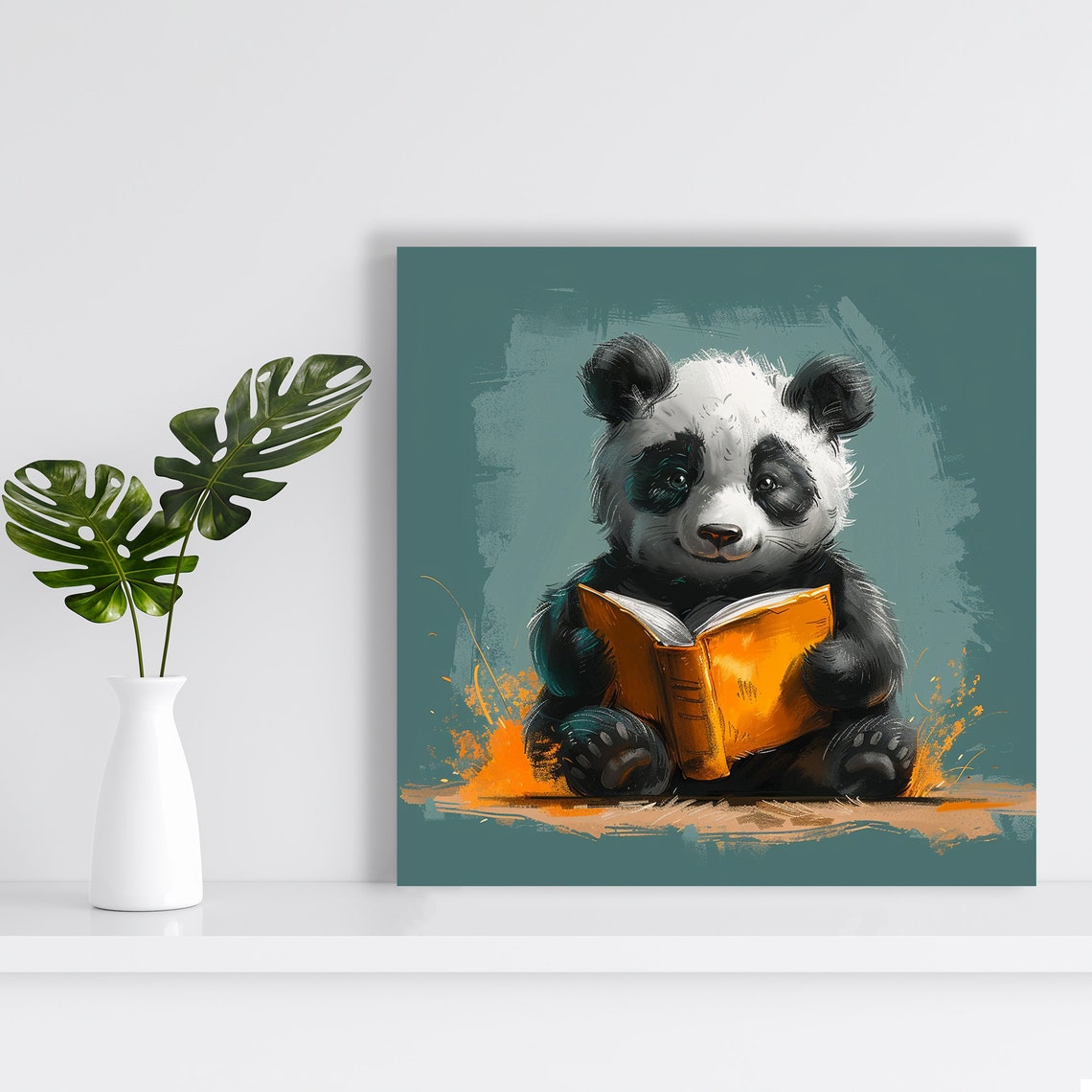 Adorable Baby Panda Reading Orange Book Teal Nursery Art Poster - Image 2