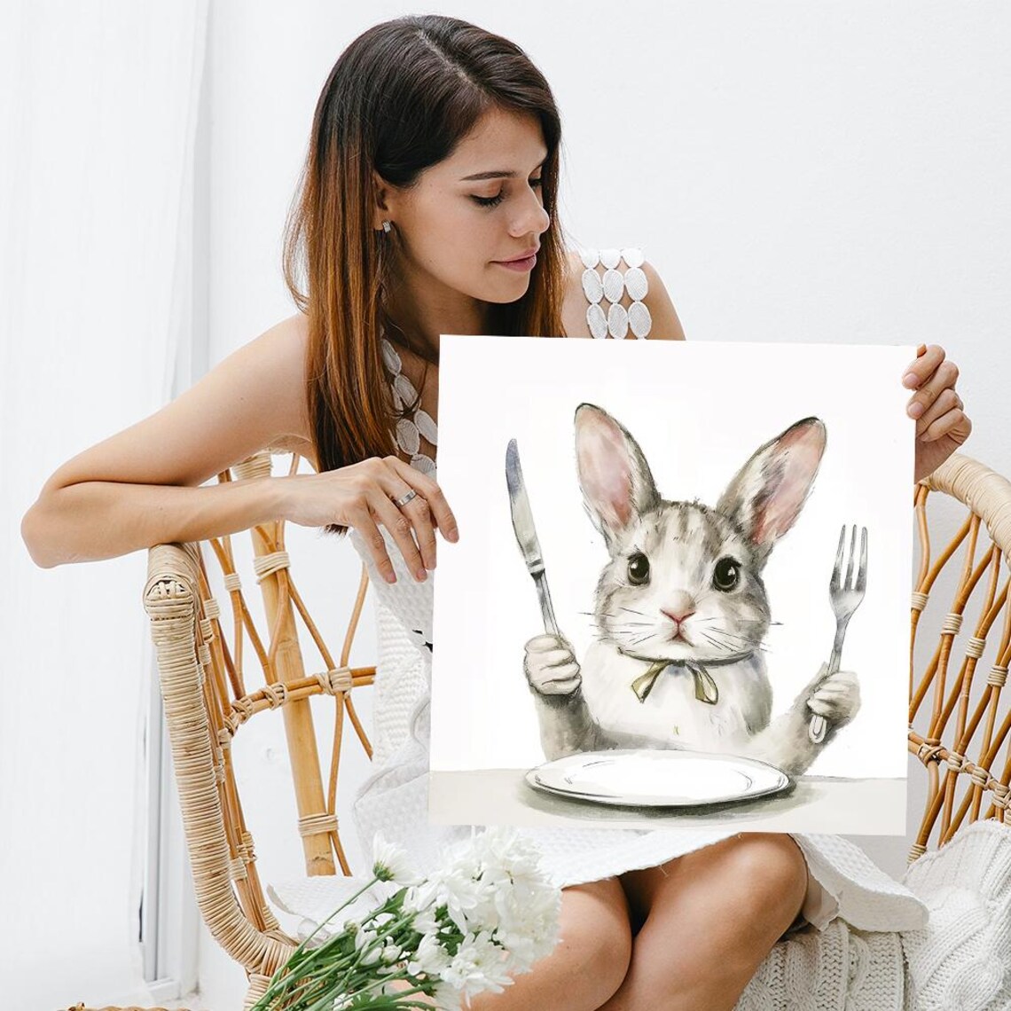 Dapper Dining Rabbit, Whimsical Minimalist Art Print - Image 3
