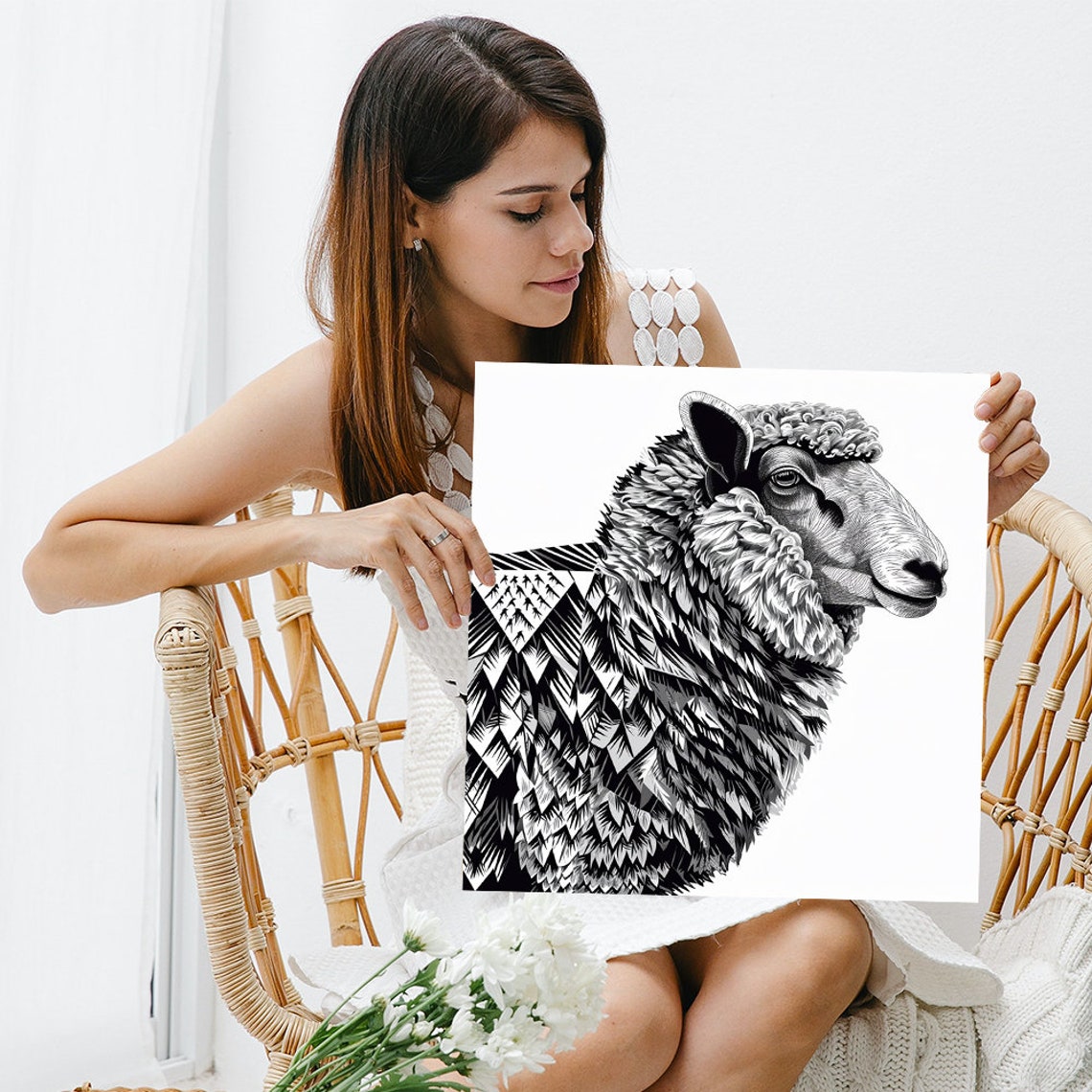Geometric Sheep Portrait Black White Modern Animal Wall Art Print - Image 3