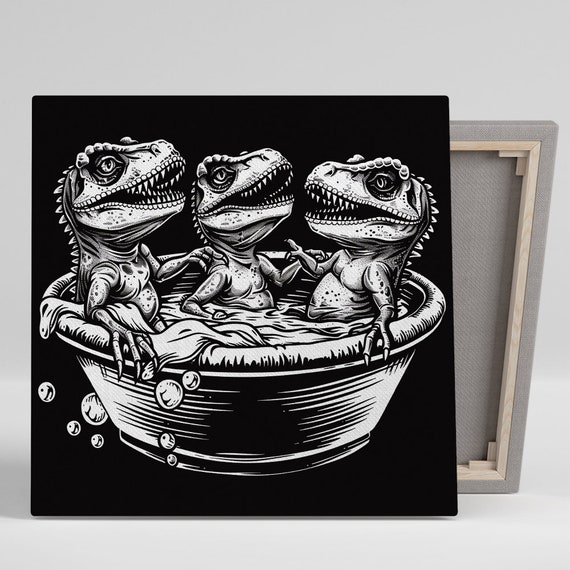 Dinosaur Hot Tub Party, Whimsical Wall Art Print