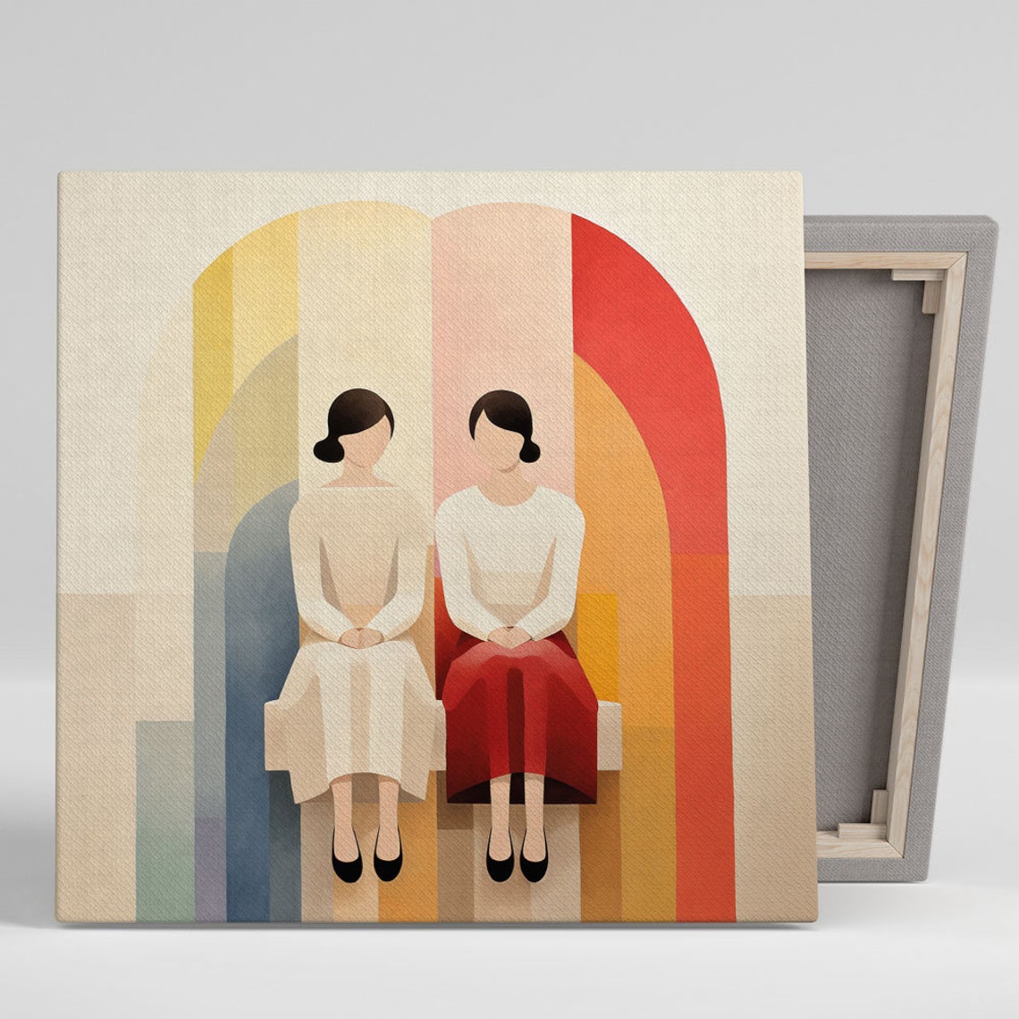 Two Seated Women Under Colorful Arches Mid Century Modern Art Poster