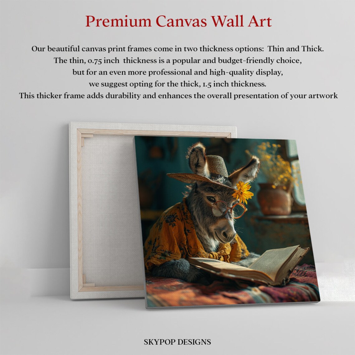 Scholarly Donkey In Straw Hat Reading Book Glasses Cozy Vintage Art Print - Image 3