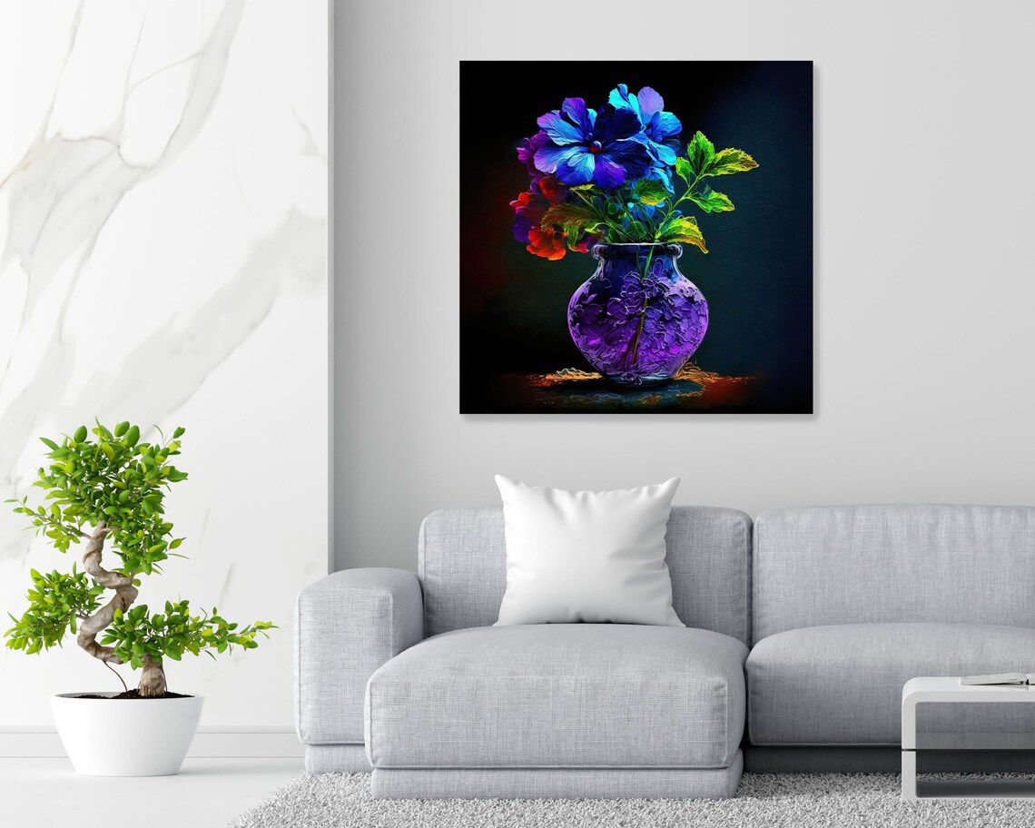 Blue Purple Flower Bouquet In Purple Vase Black Neon Glow Art Poster - Image 2