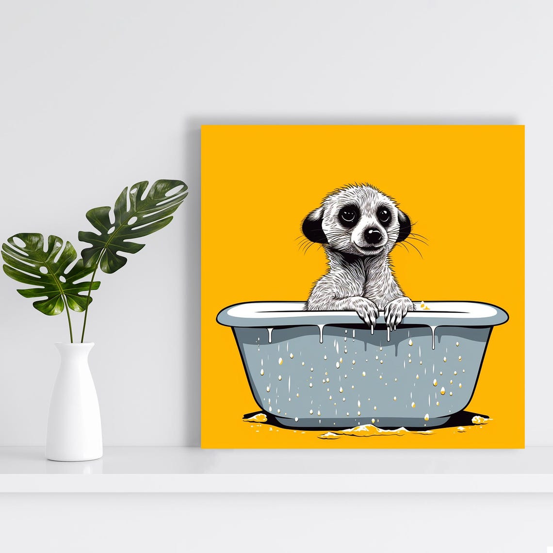 Baby Meerkat Bathtub Soak Yellow Background Cute Funny Animal Poster - Image 2