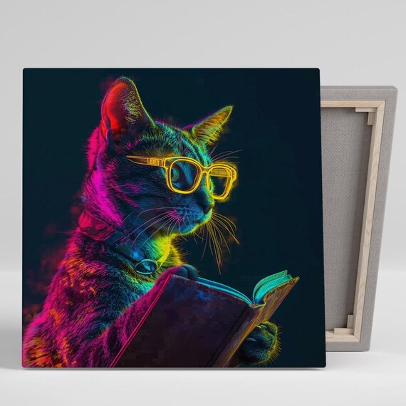Neon Scholar Cat Reading Book With Yellow Glasses Dark Pop Art Wall Poster