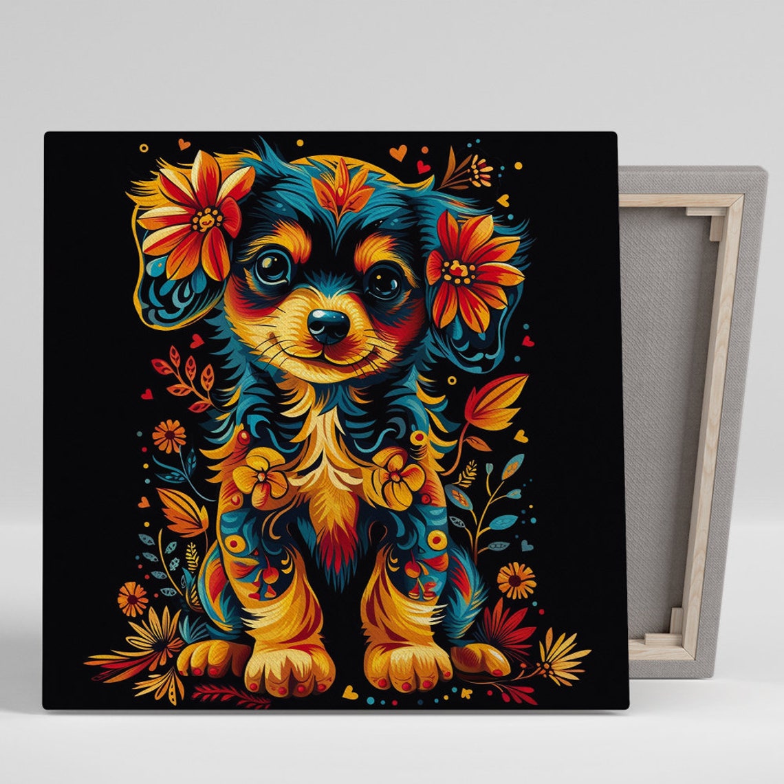 Whimsical Chihuahua Puppy Portrait Orange Blossom Folk Art Poster