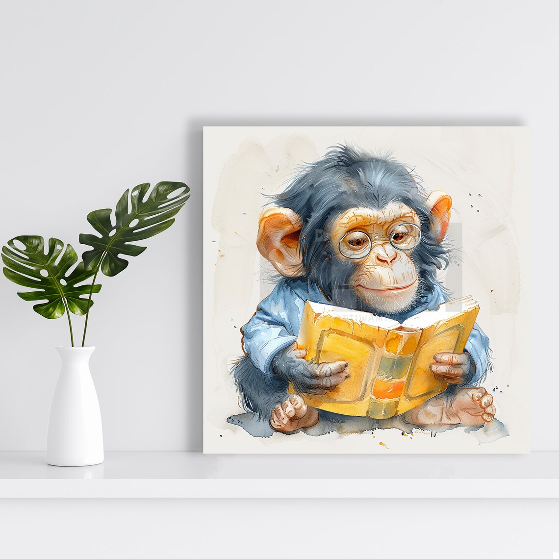 Clever Chimpanzee Baby Ape Glasses Reading Book Watercolor Wall Poster - Image 2