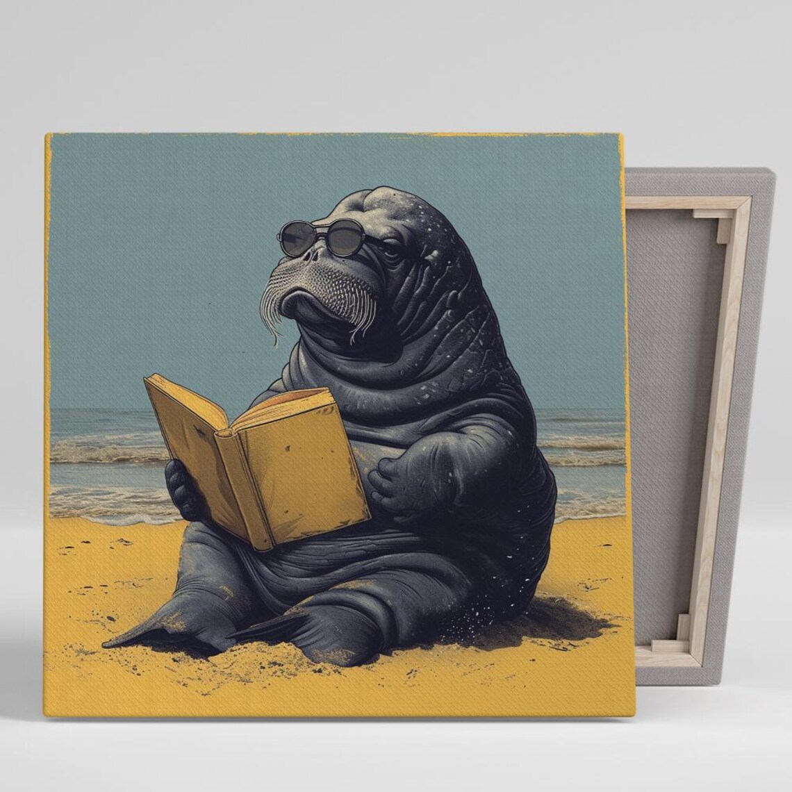 Walrus Reading Book On Beach Sunglasses Vintage Coastal Funny Animal Wall Art Print