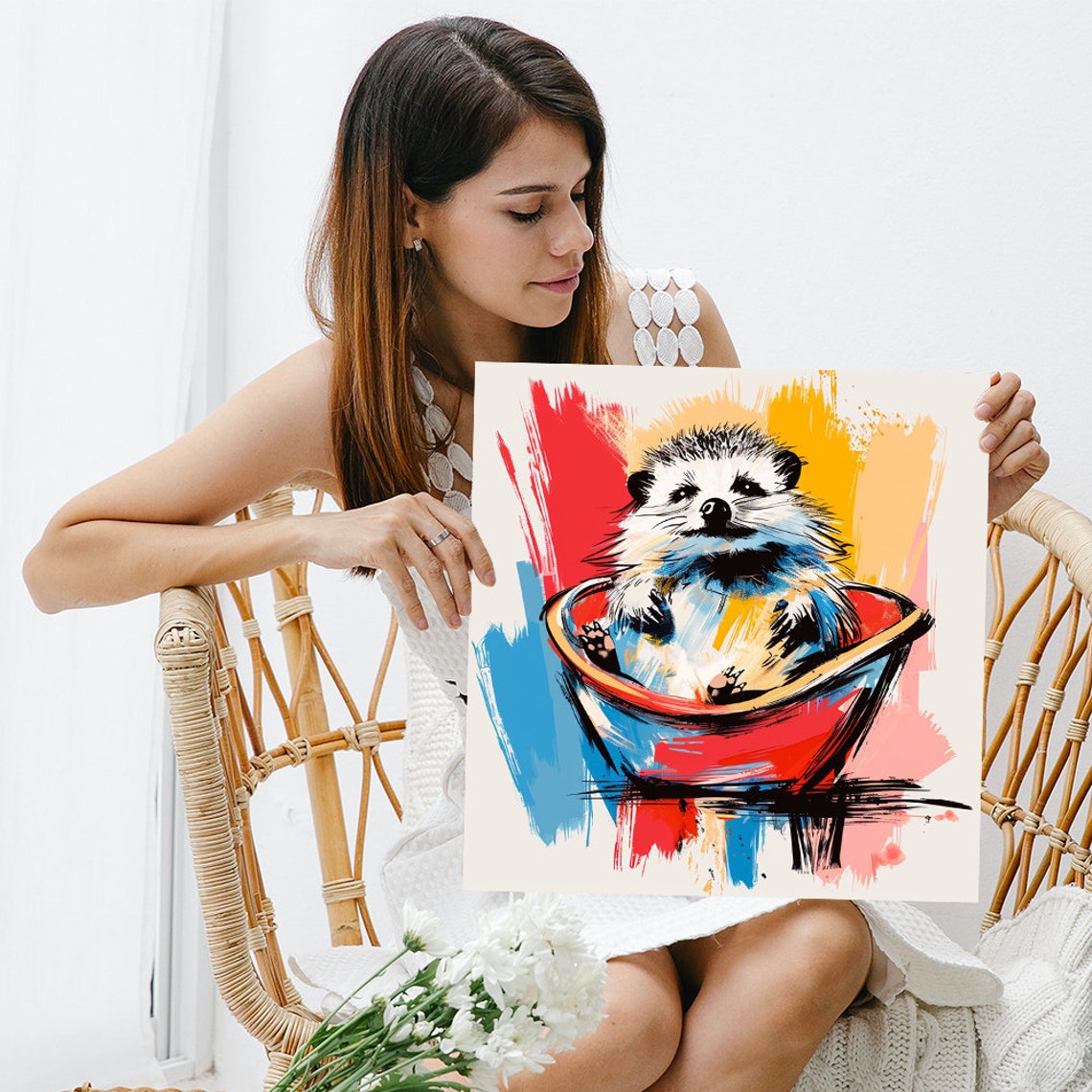 Hedgehog Bathtub Splashy Red Blue Yellow Playful Bath Decor Poster - Image 3