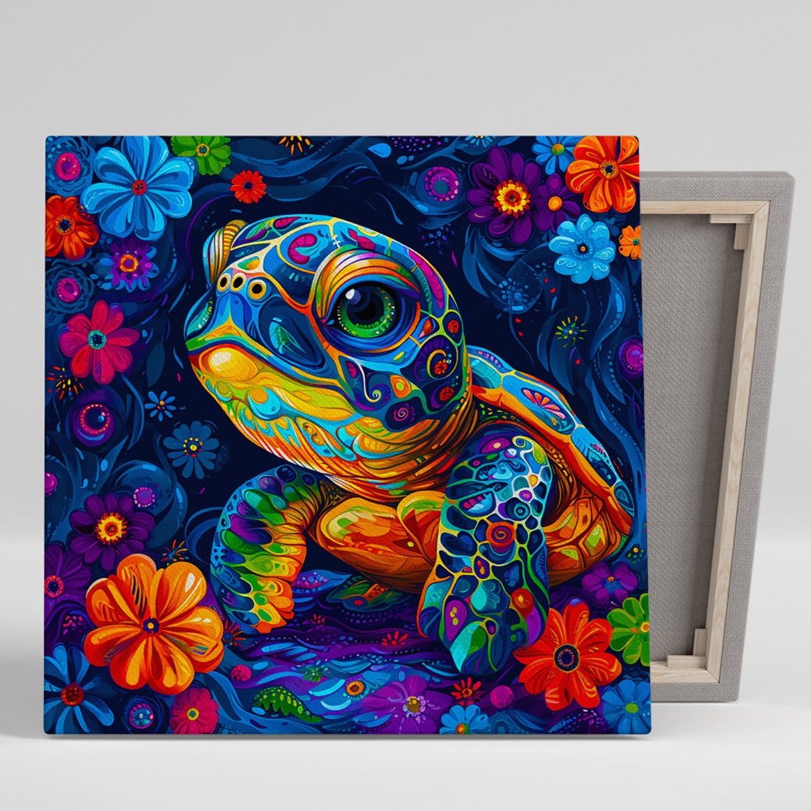 Psychedelic Sea Turtle Blooming Flowers Neon Bright Colorful Wall Art