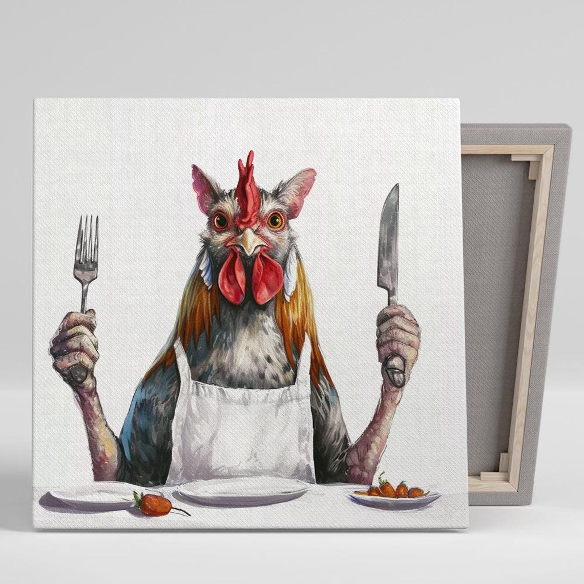 Funny Rooster Chef Holding Fork And Knife Kitchen Humor Wall Poster