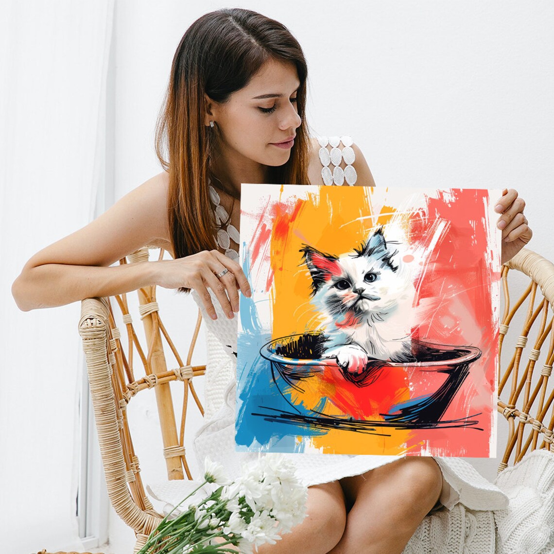 Colorful Kitten in a Bowl, Modern Minimalist Art Print - Image 3